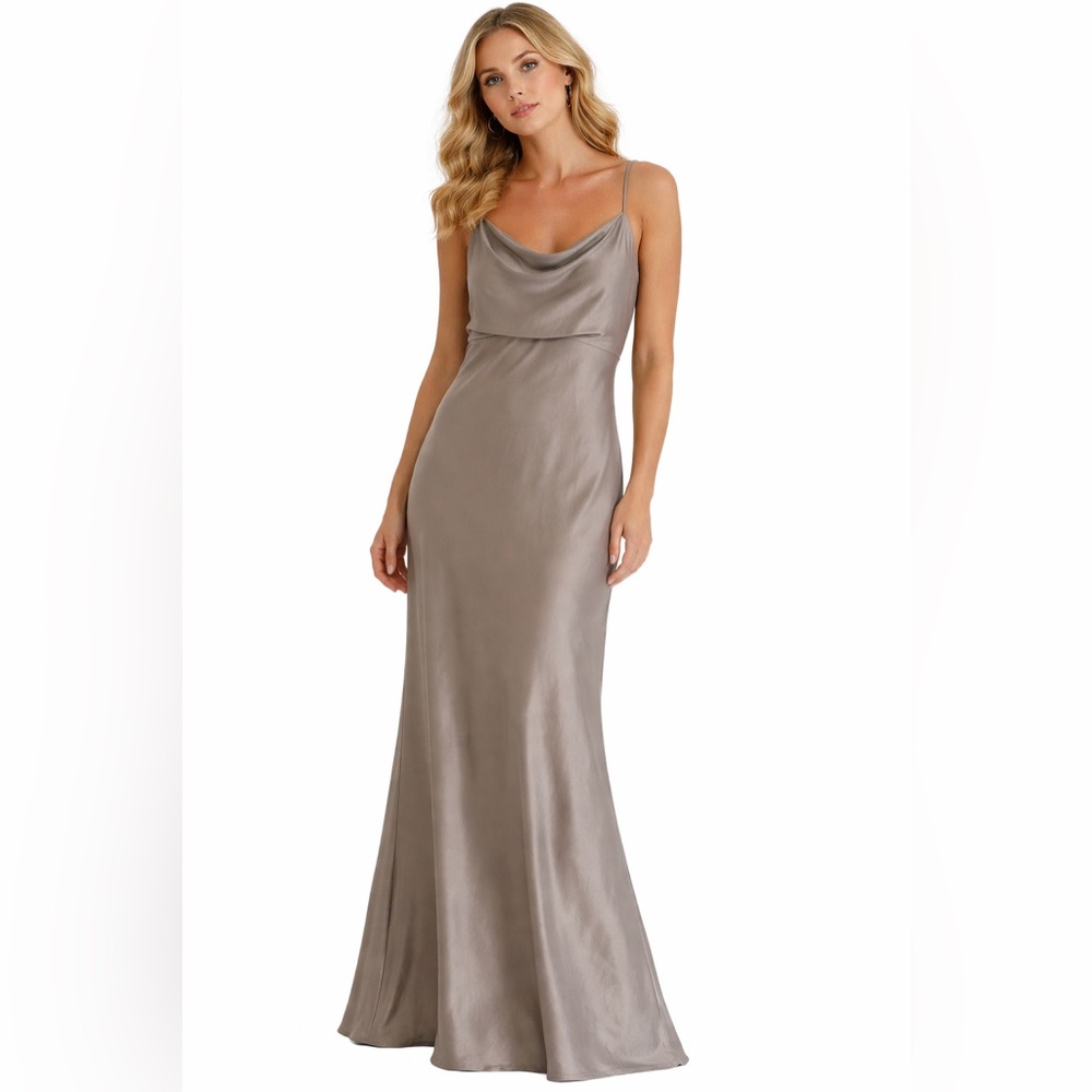 Jenny Yoo Sabine Cowl Neck Drape Back Maxi Formal Bridesmaid Dress Taupe Size 4